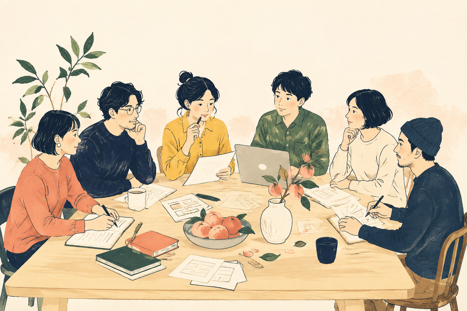 テーブルを囲んで話し合うチームのイラスト