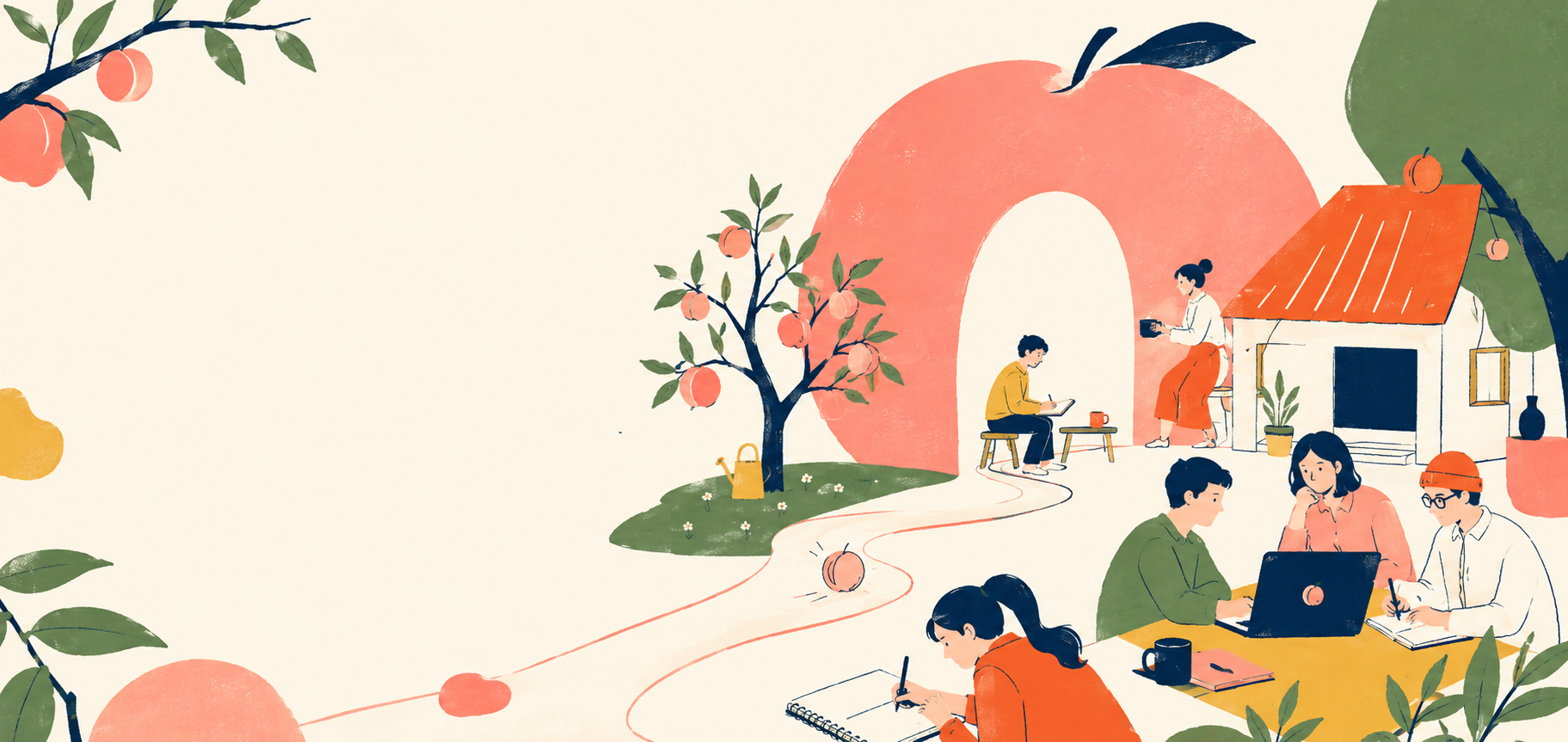 桃の木と暮らしのそばで人々が学び働くイラスト
